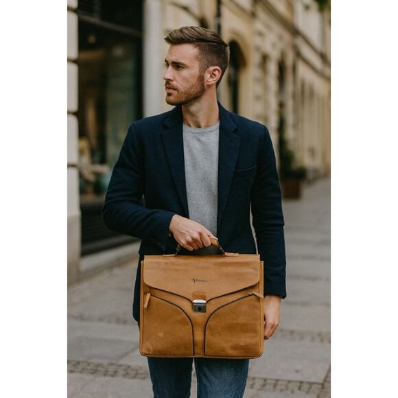 Vintage Vicenzo Brown Genuine Leather Briefcase Laptop Messenger Bag - Picture 1 of 12